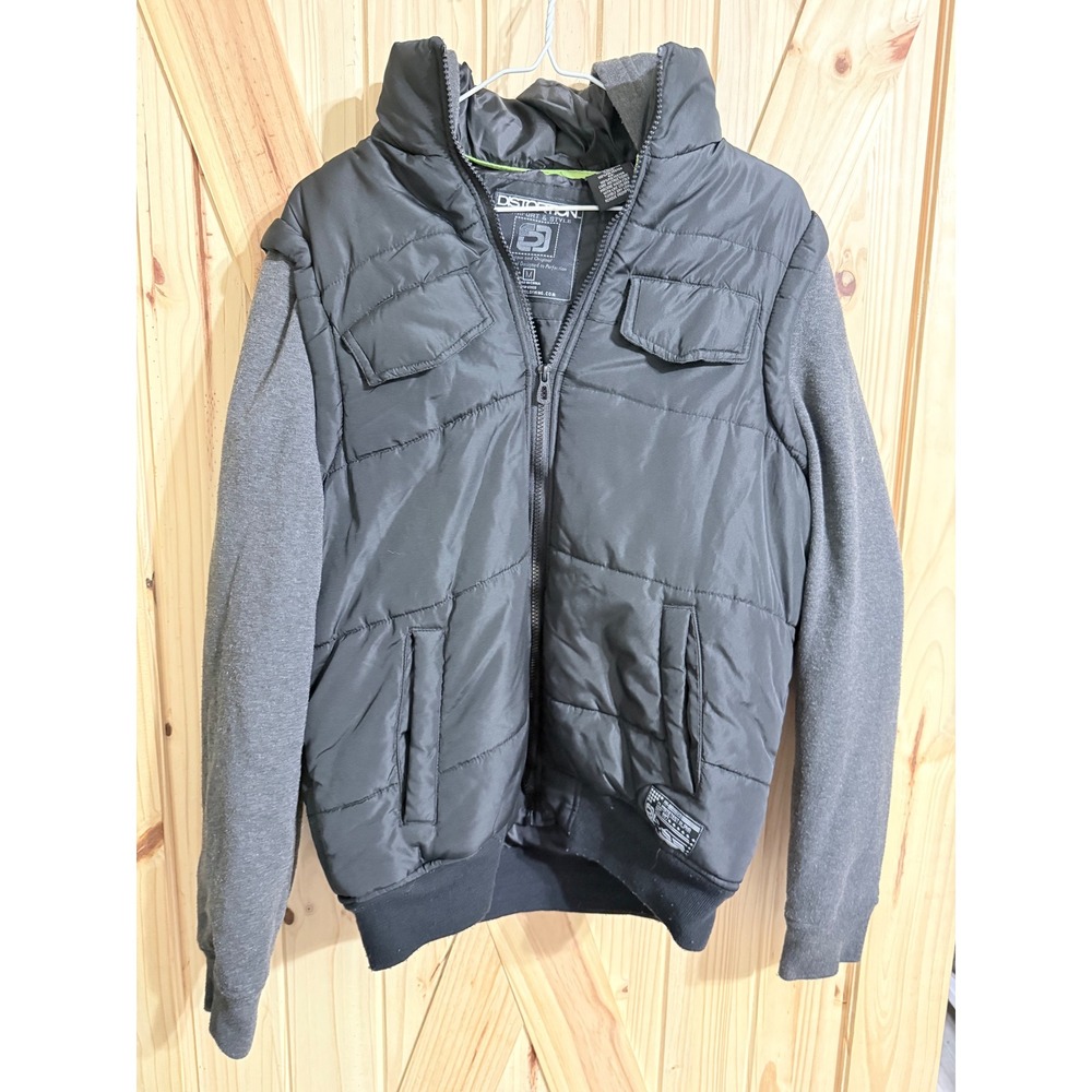 Distortion Boys Puffer Jacket Black Grey Mixed Media Hooded Zip Up Size M